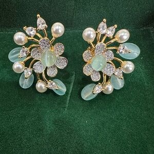 Pearl & Pastel Green Stone Earrings